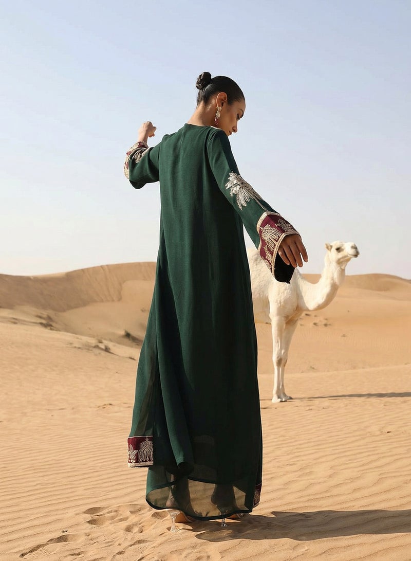 آي شين عباية مطرزة منسوجة خضراء عادية - Image 3